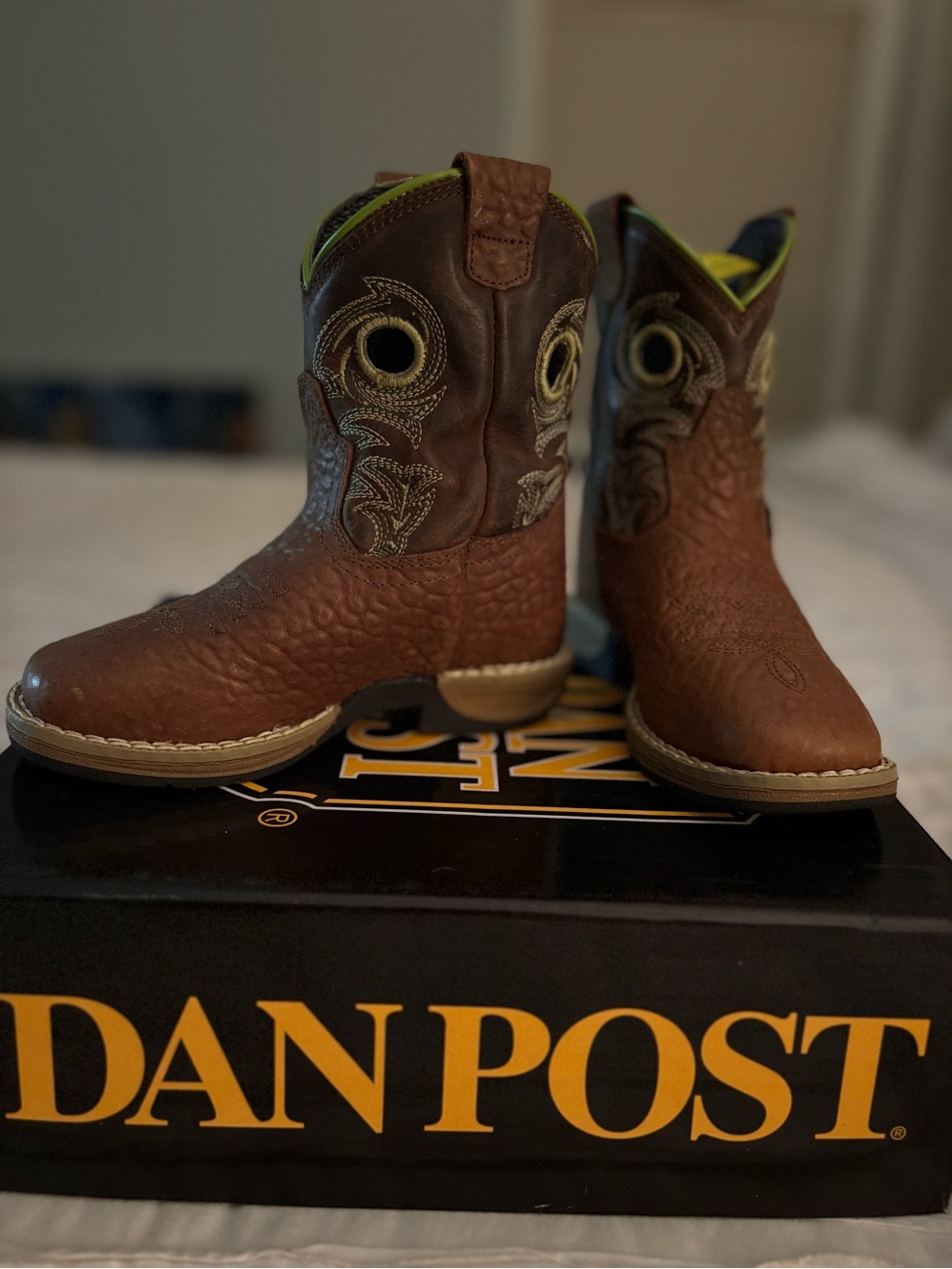 Dan Post Brown Kids Western Boots with Yellow Trim
